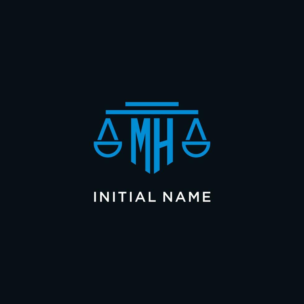 MH monogram initial logo with scales of justice icon design inspiration vector