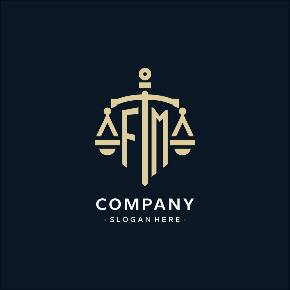 FM initial logo with scale of justice and shield icon vector
