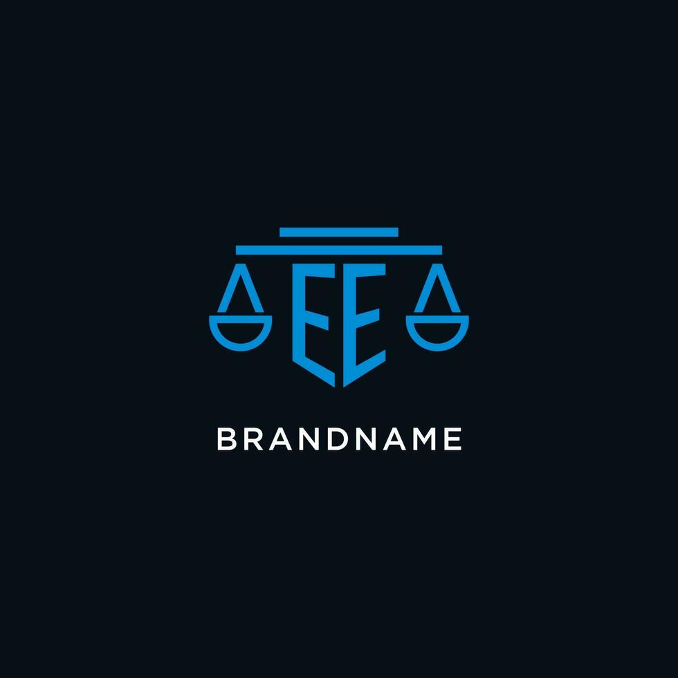 EE monogram initial logo with scales of justice icon design inspiration vector