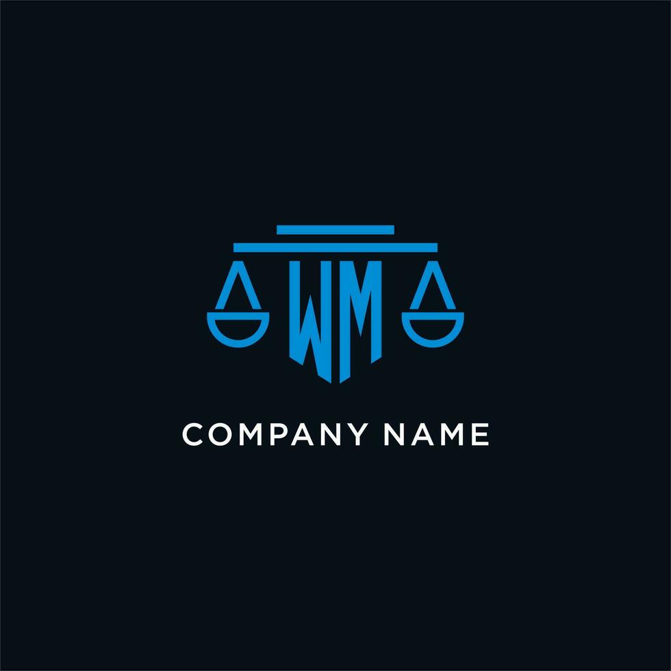 WM monogram initial logo with scales of justice icon design inspiration vector