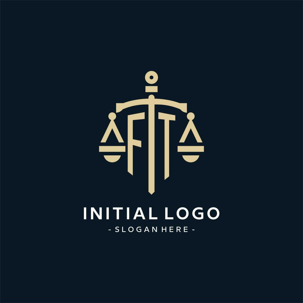 FT initial logo with scale of justice and shield icon vector