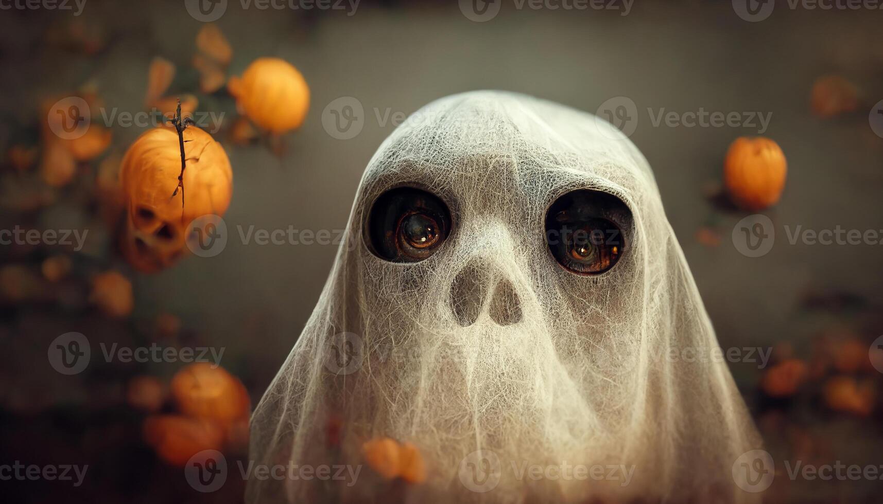 Spooky ghost face with pumpkin lantern in Halloween party background. photo