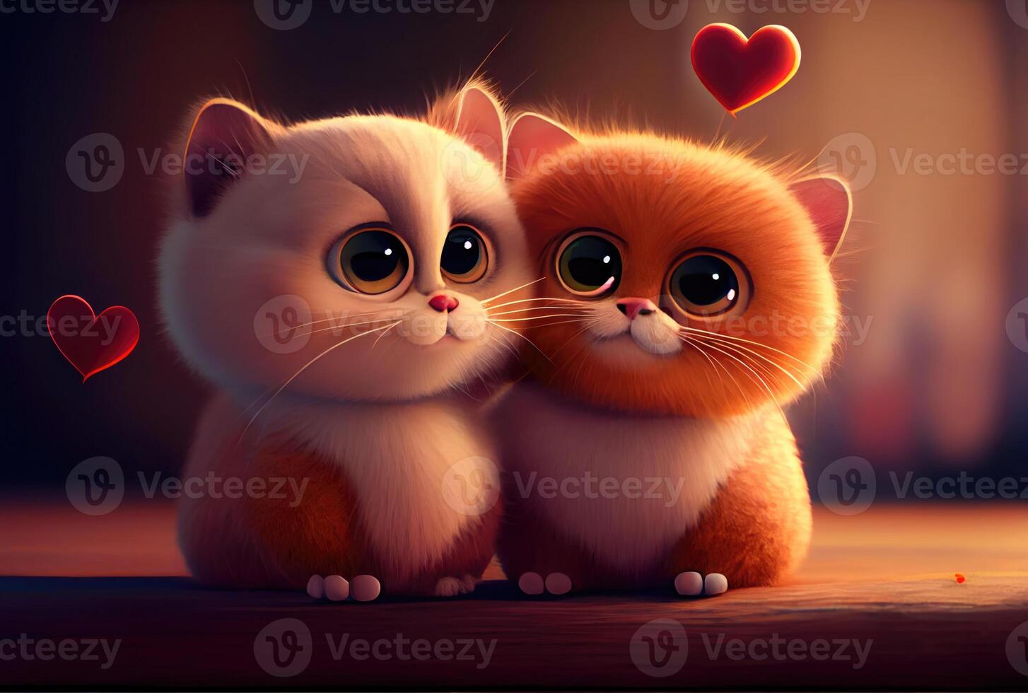 Lovely couple of cats and heart hand drawn style, Cute cartoon