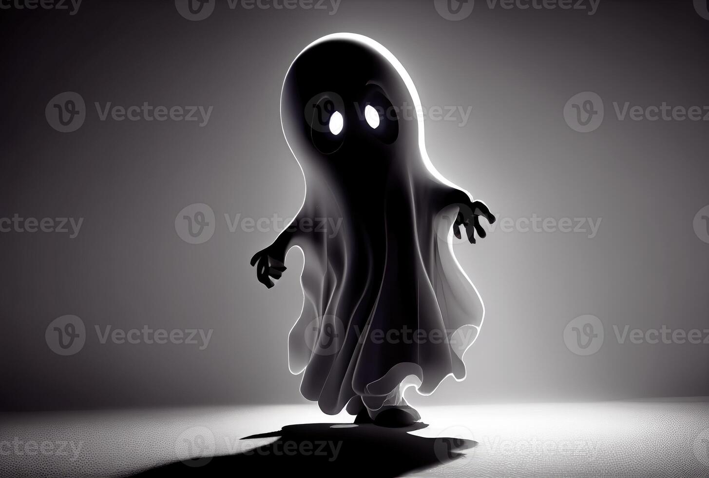 Cute ghost in the haunted house background. Halloween and spooky concept. photo