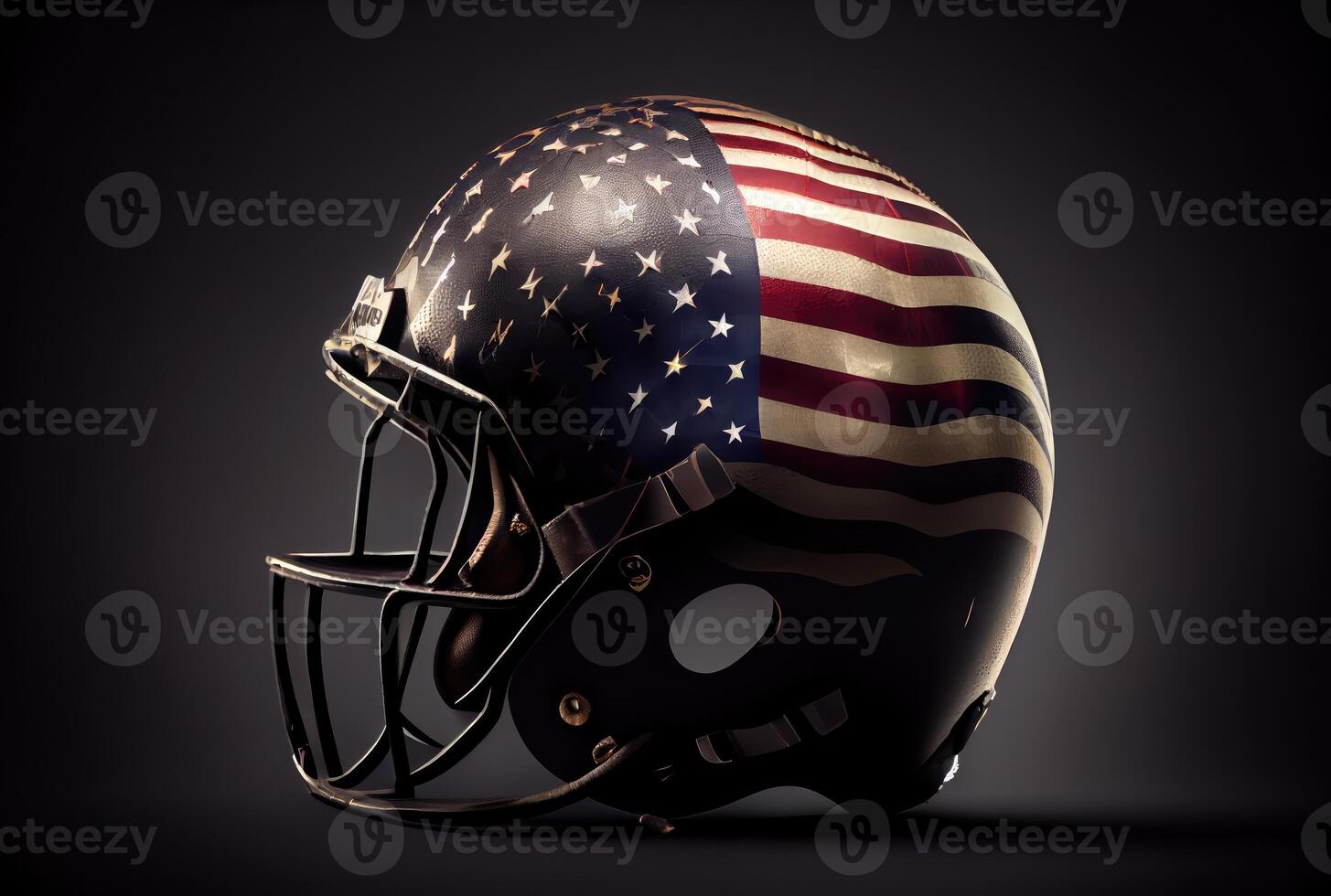 American football helmet in the dark with lighting background. Sport and athlete concept. photo