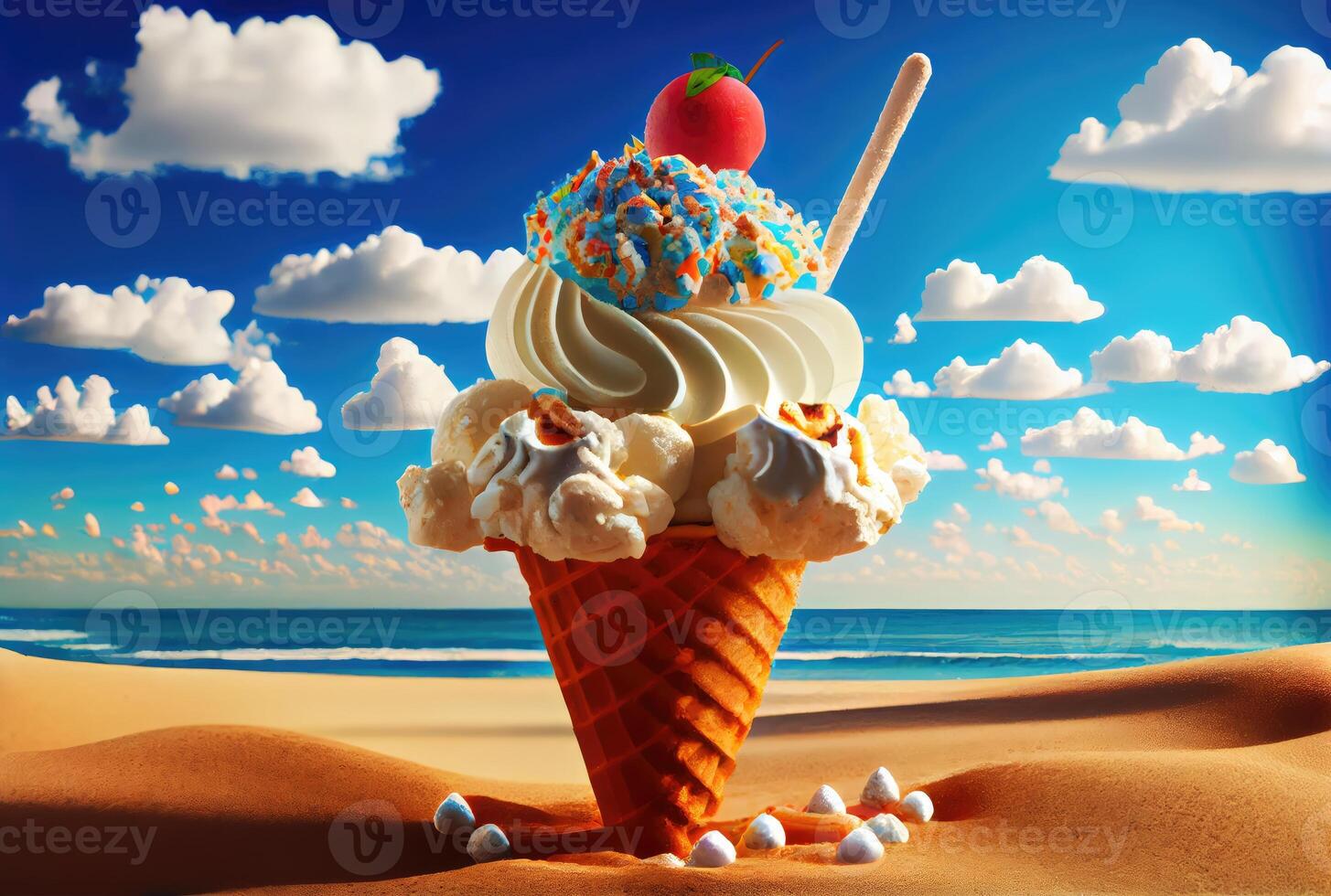 Ice cream cone with sweet toppings on beach sea and blue sky in summer background. Summer food and fun concept. Digital art illustration theme. photo