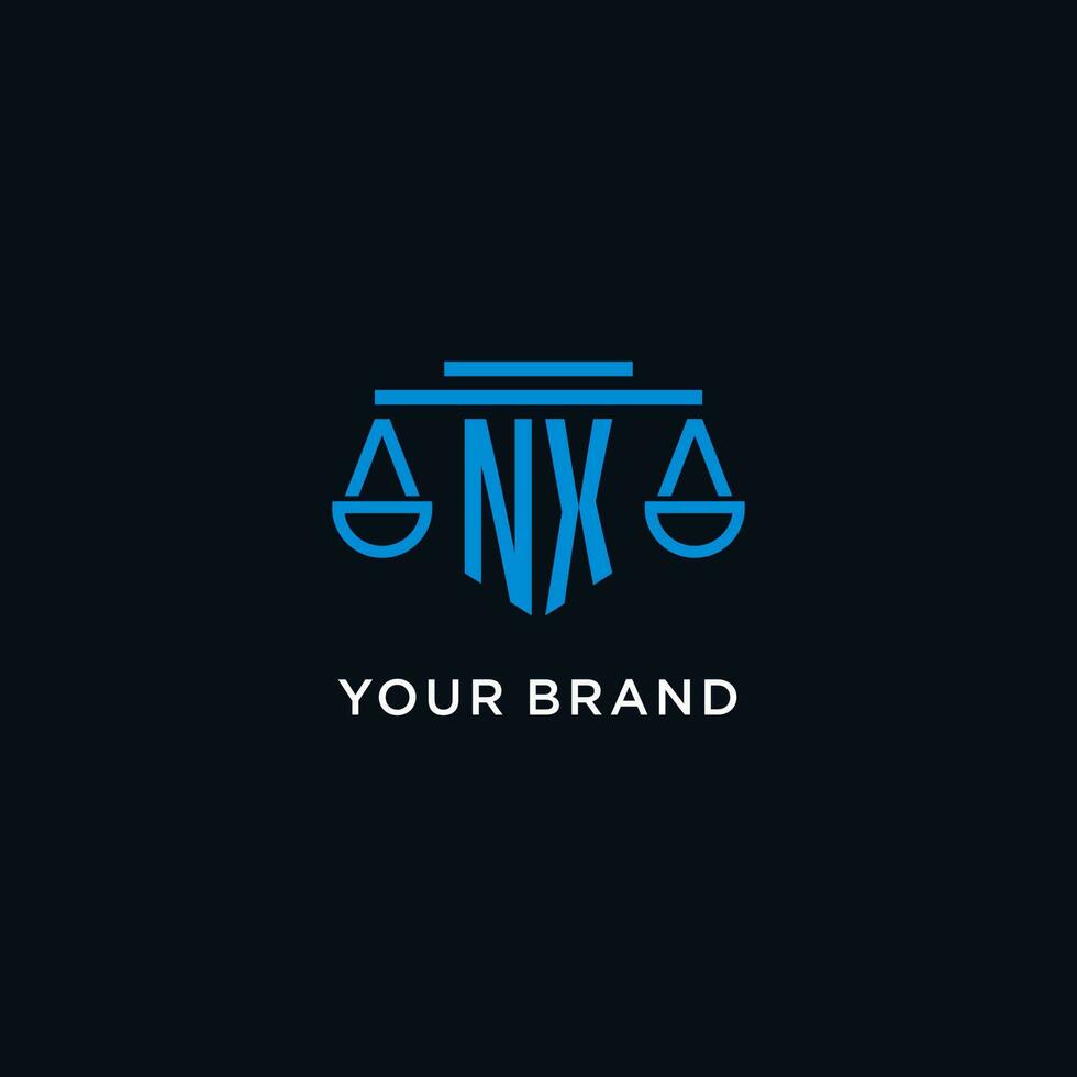 NX monogram initial logo with scales of justice icon design inspiration vector