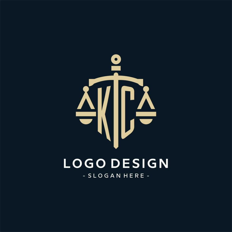 KC initial logo with scale of justice and shield icon vector