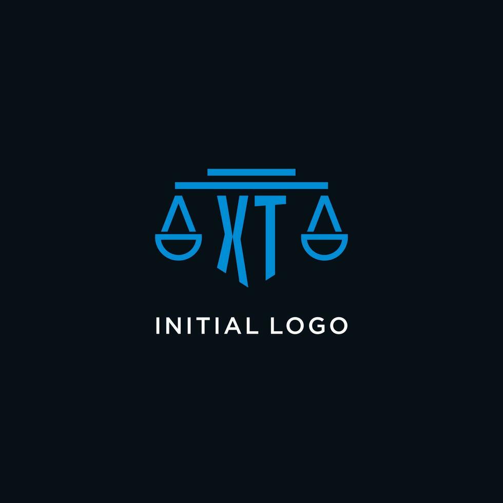 XT monogram initial logo with scales of justice icon design inspiration vector