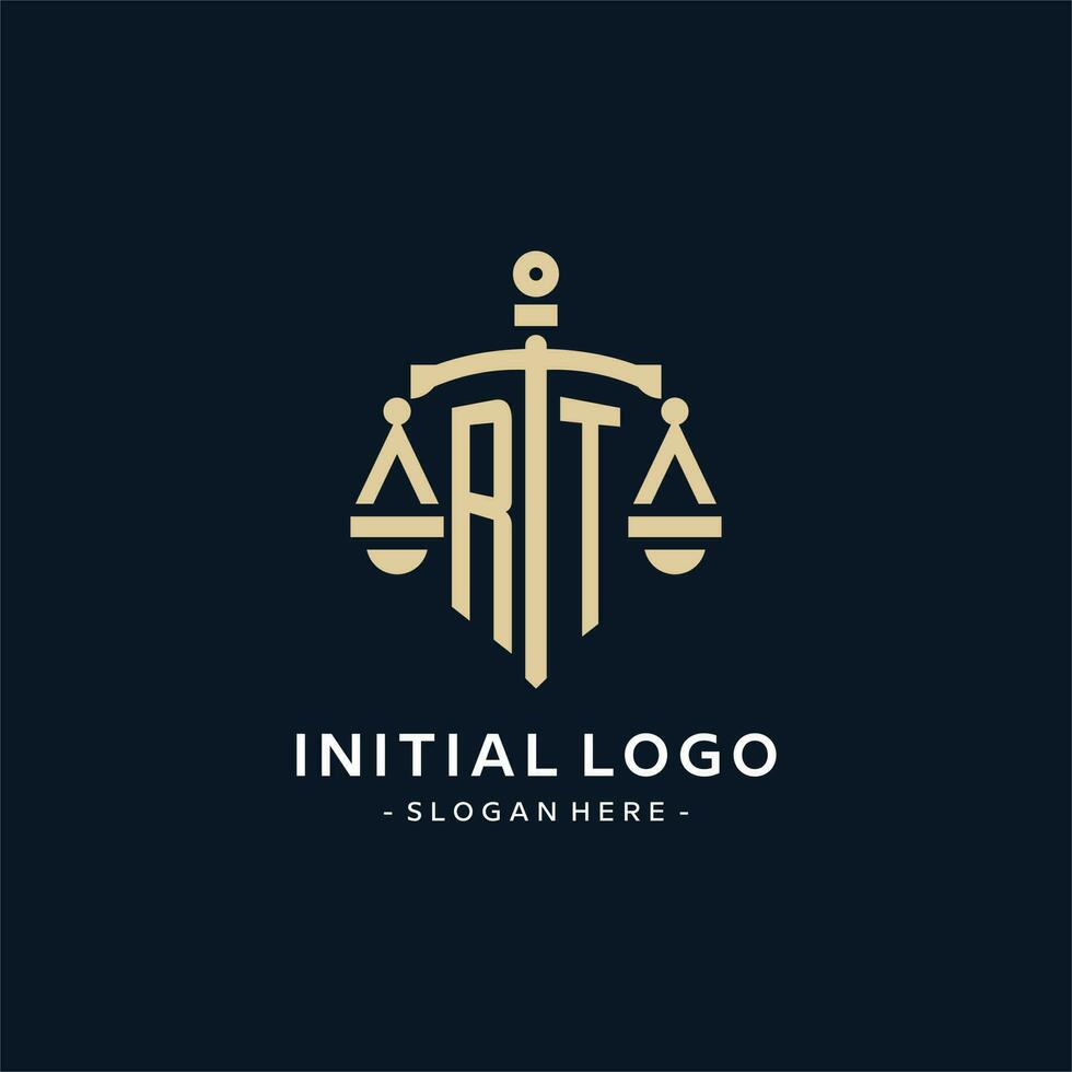 RT initial logo with scale of justice and shield icon vector