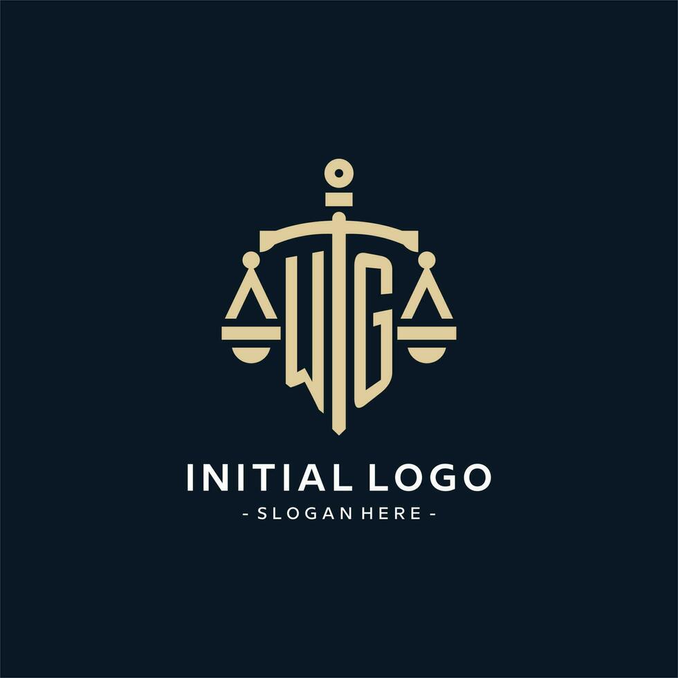 WG initial logo with scale of justice and shield icon vector