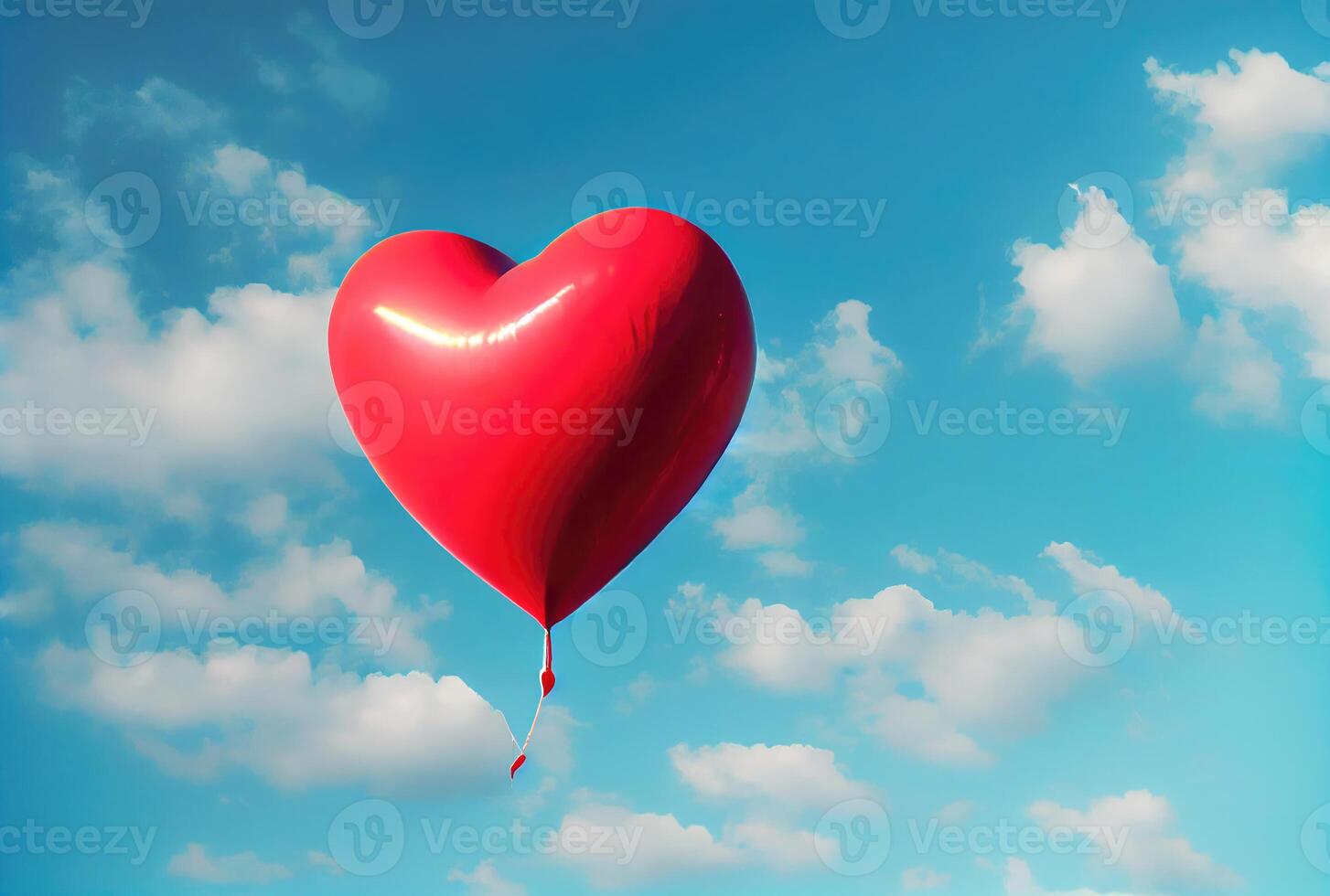 Red balloon in heart shape flying on the air with blue sky background. Valentines day concept. photo