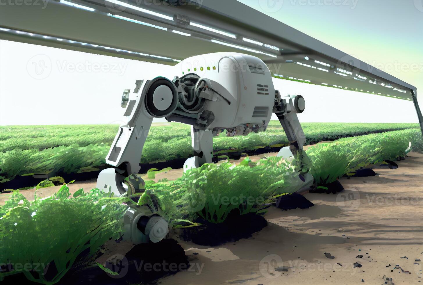 Robot farming harvesting agricultural products in greenhouse. Innovative futuristics technology and 5G smart farming concept. photo