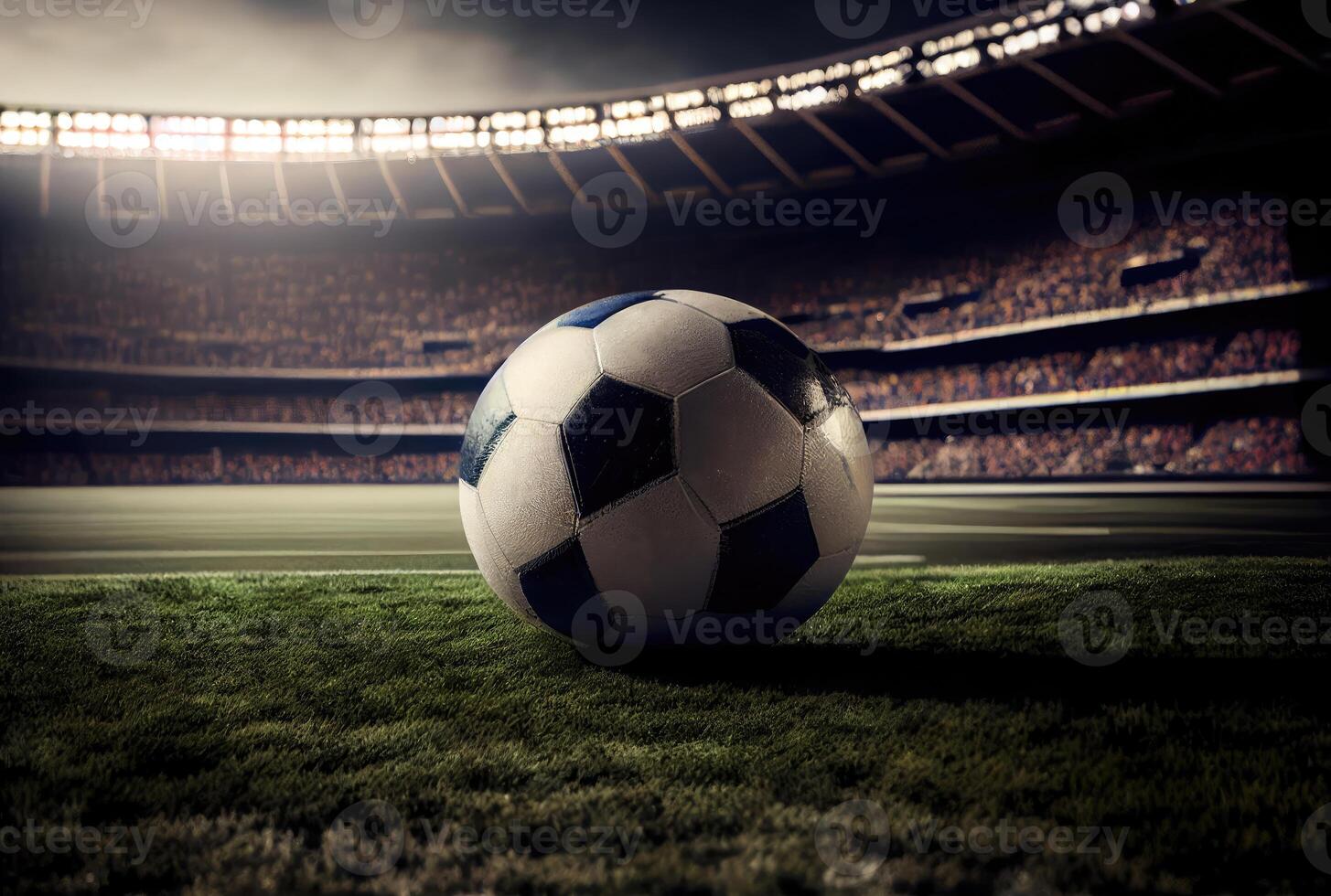 Soccer ball on grass field in stadium. Sport and game concept. photo