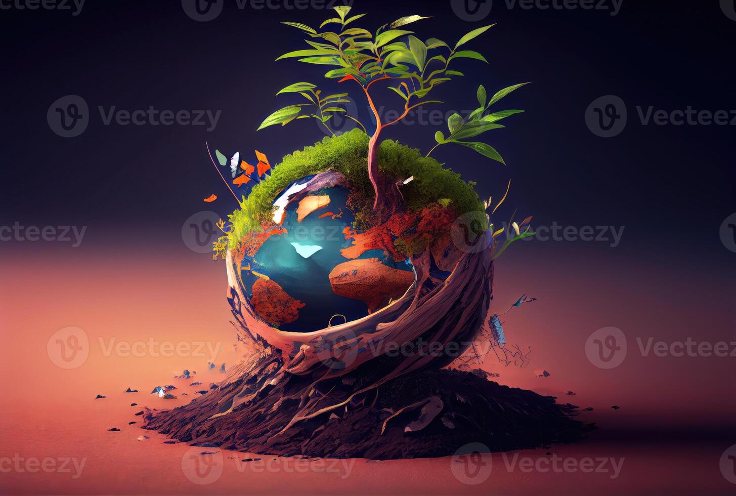 Beautiful Blue globe on the ground with decorating in summer season background. Beauty in nature and World Earth Day concept. photo