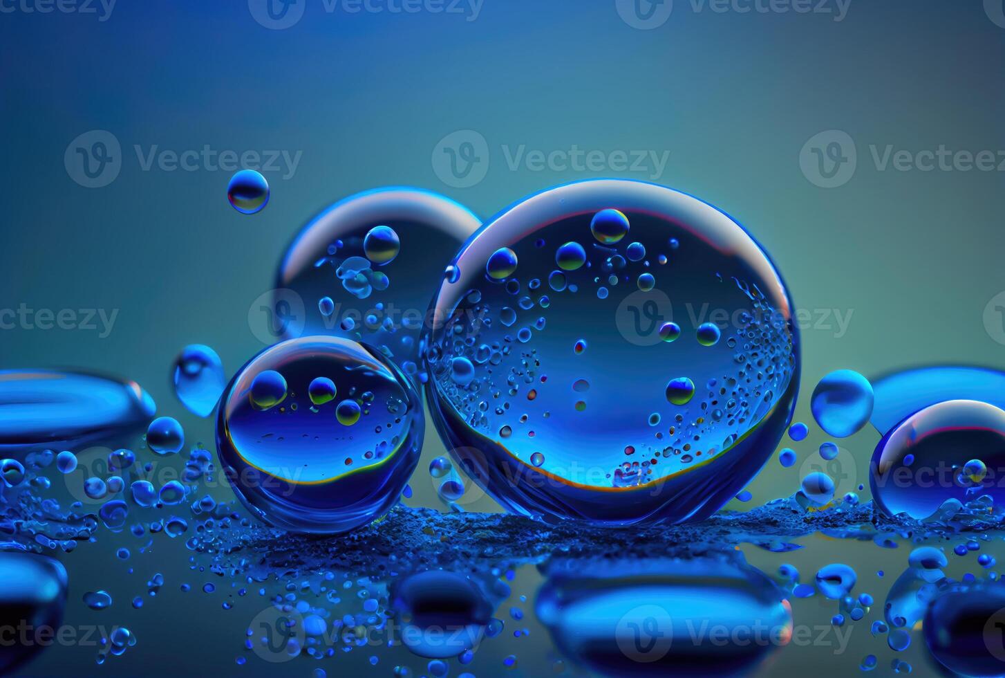 Blue glossy water bubble in underwater background. Nature and abstract concept. photo