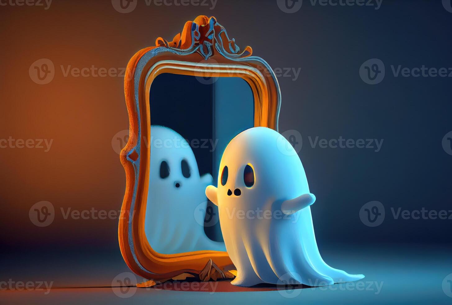 Cute spooky fabric ghost looking into the reflection mirror in Halloween party background. Funny character art concept. and photo