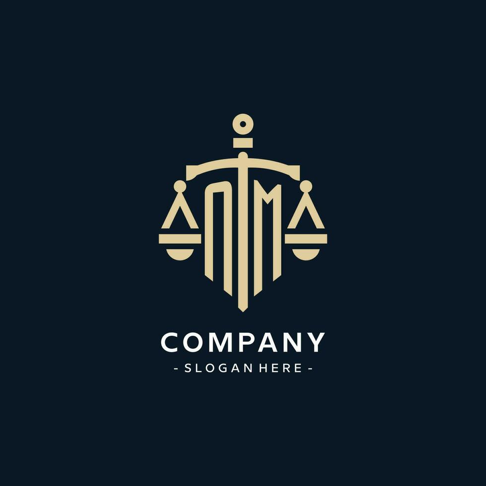 NM initial logo with scale of justice and shield icon vector