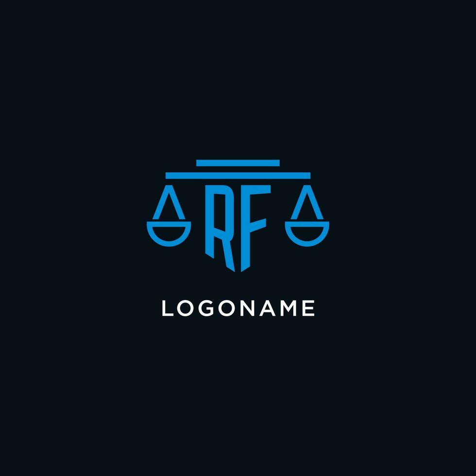 RF monogram initial logo with scales of justice icon design inspiration vector