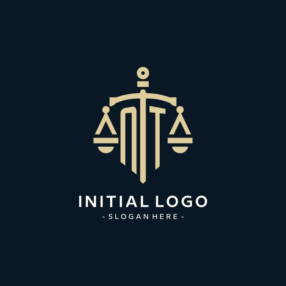 NT initial logo with scale of justice and shield icon vector
