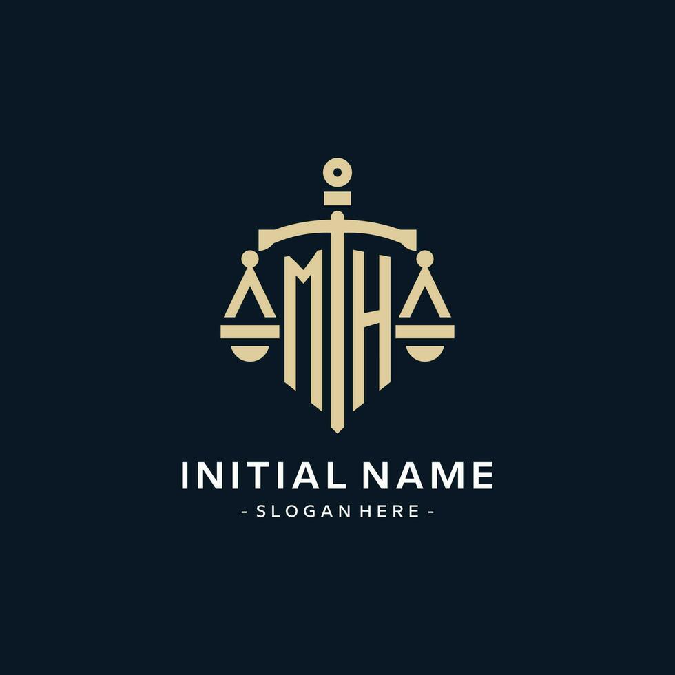 MH initial logo with scale of justice and shield icon vector