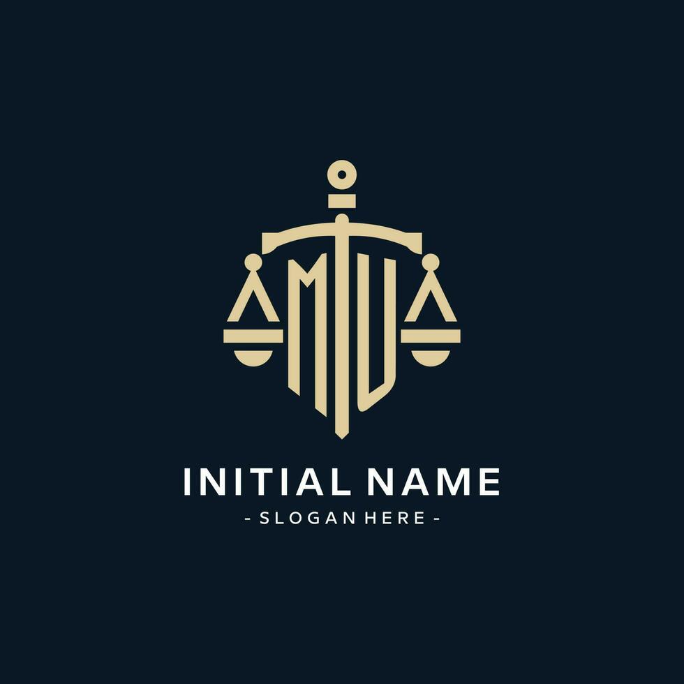 MU initial logo with scale of justice and shield icon vector