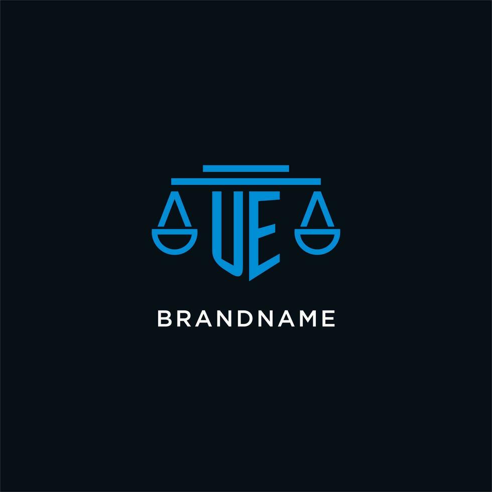 UE monogram initial logo with scales of justice icon design inspiration vector