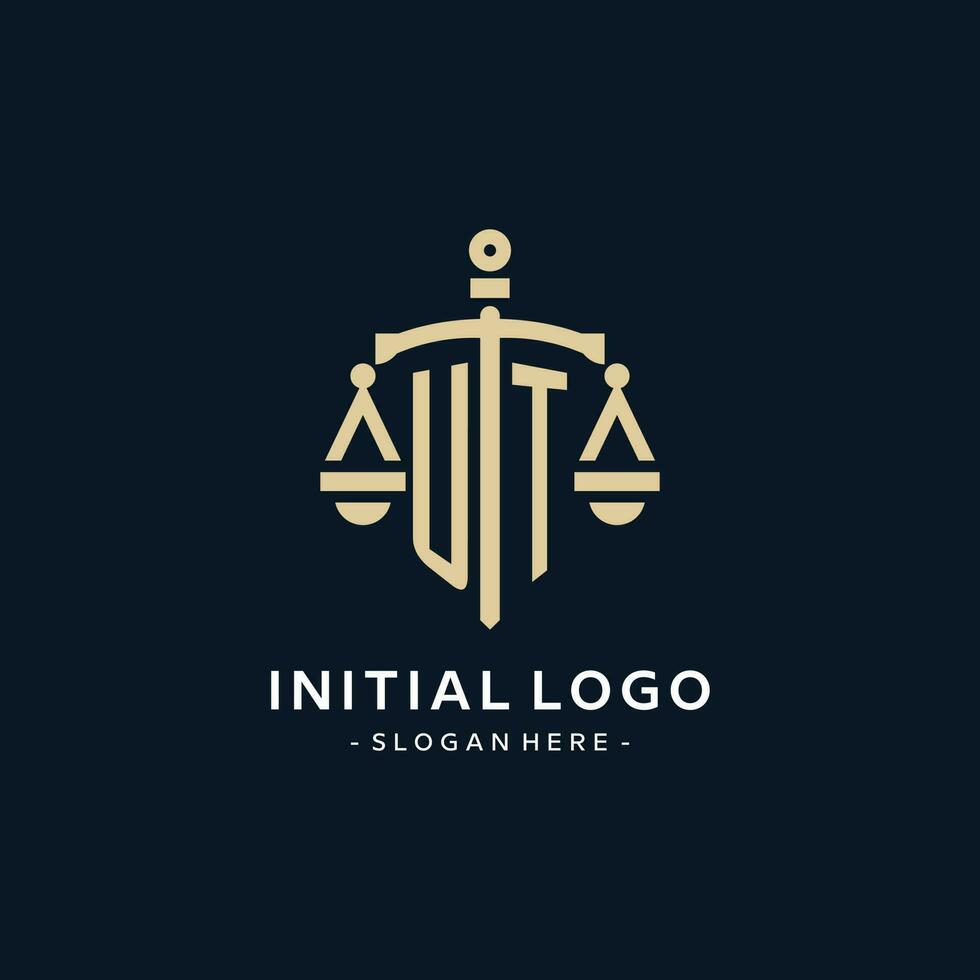 UT initial logo with scale of justice and shield icon vector