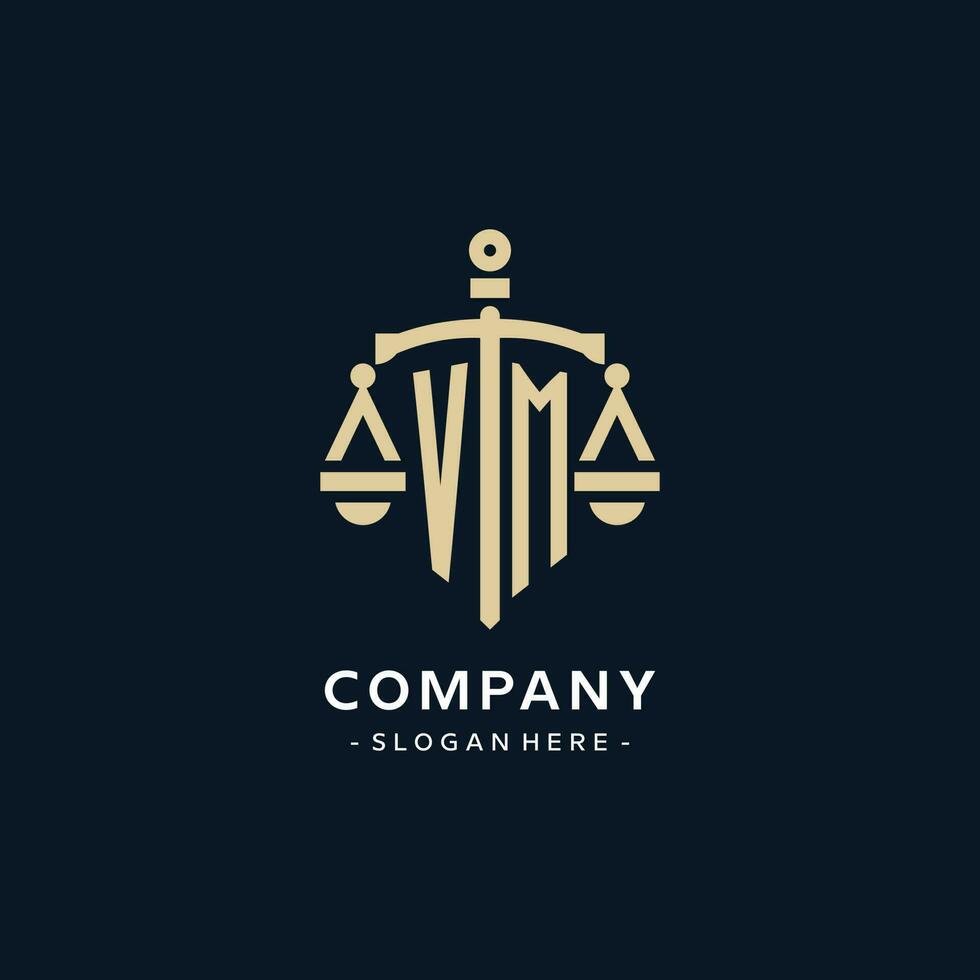 VM initial logo with scale of justice and shield icon vector
