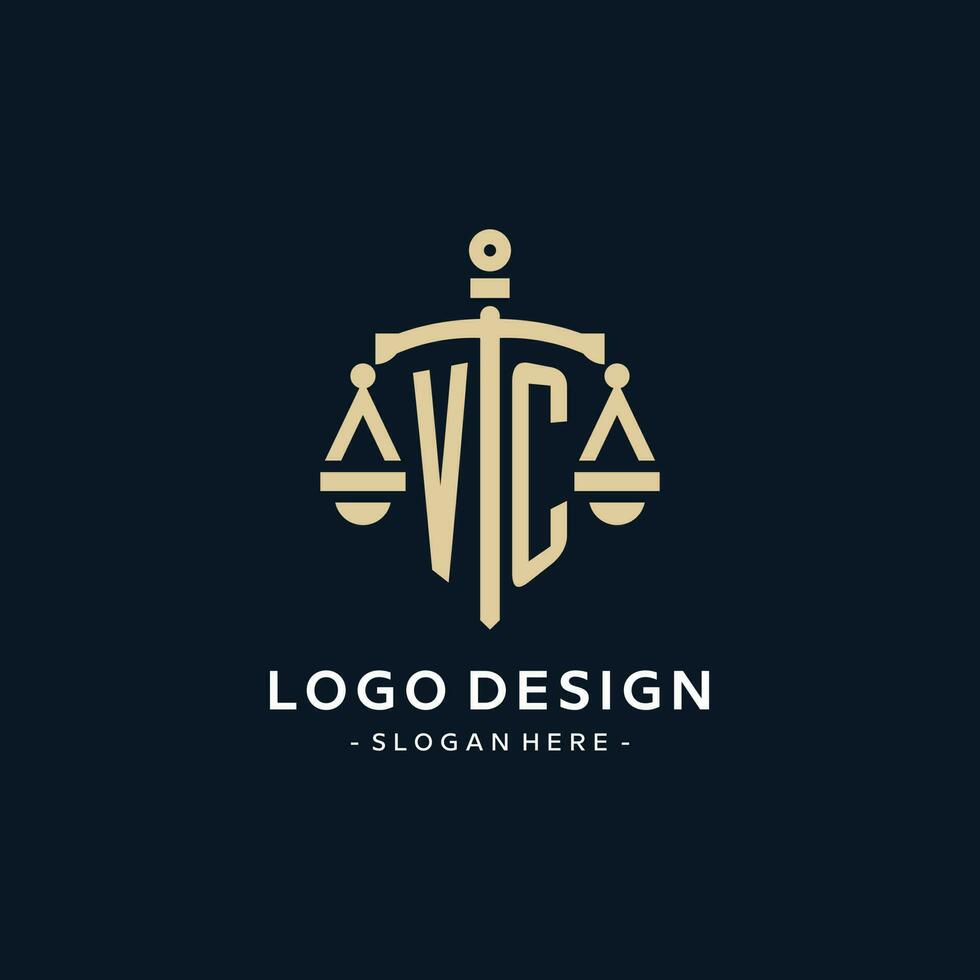 VC initial logo with scale of justice and shield icon vector