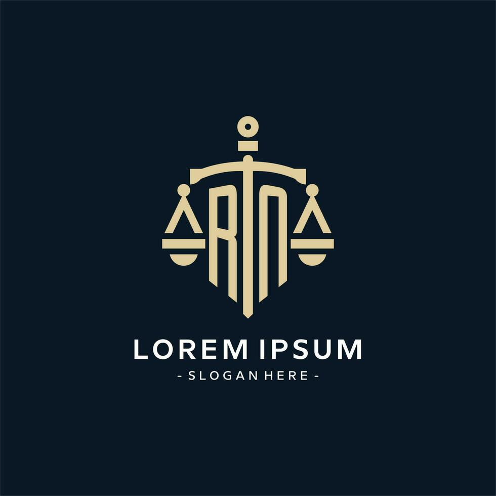 RN initial logo with scale of justice and shield icon vector