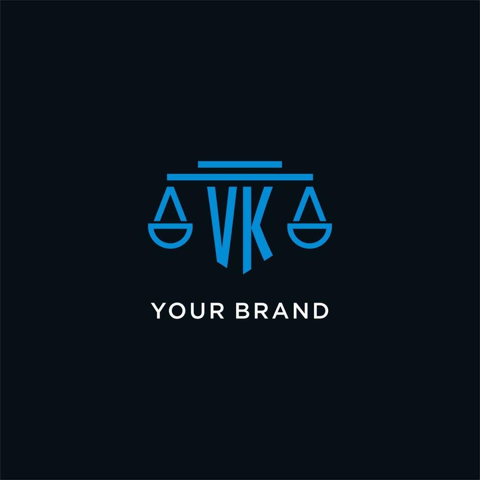 VK monogram initial logo with scales of justice icon design inspiration vector