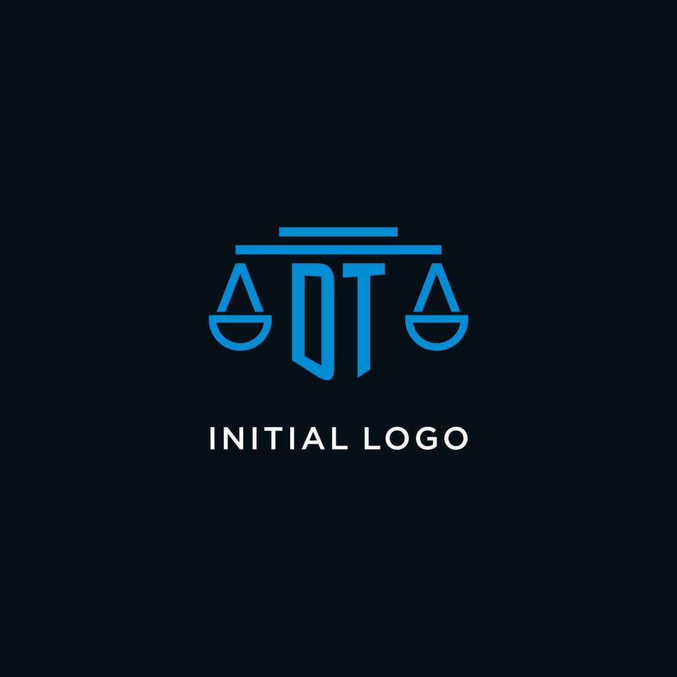 DT monogram initial logo with scales of justice icon design inspiration vector
