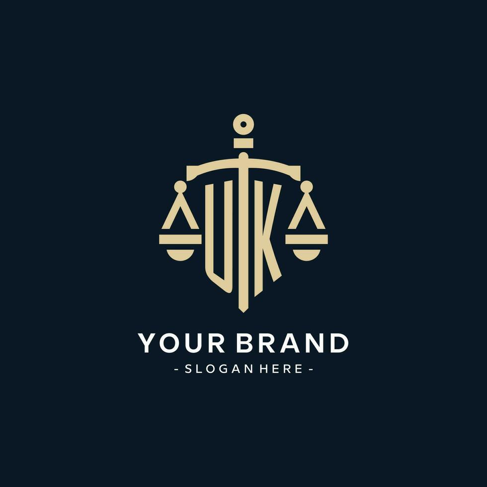 UK initial logo with scale of justice and shield icon vector