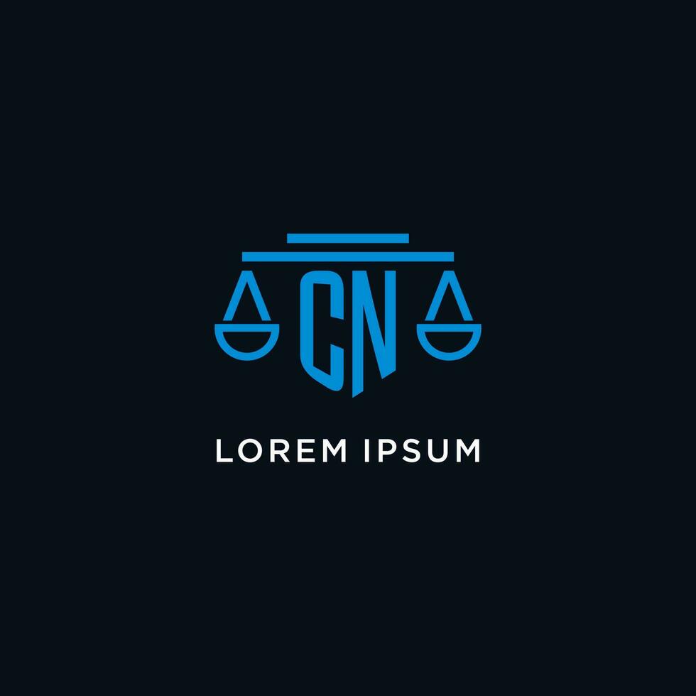 CN monogram initial logo with scales of justice icon design inspiration vector