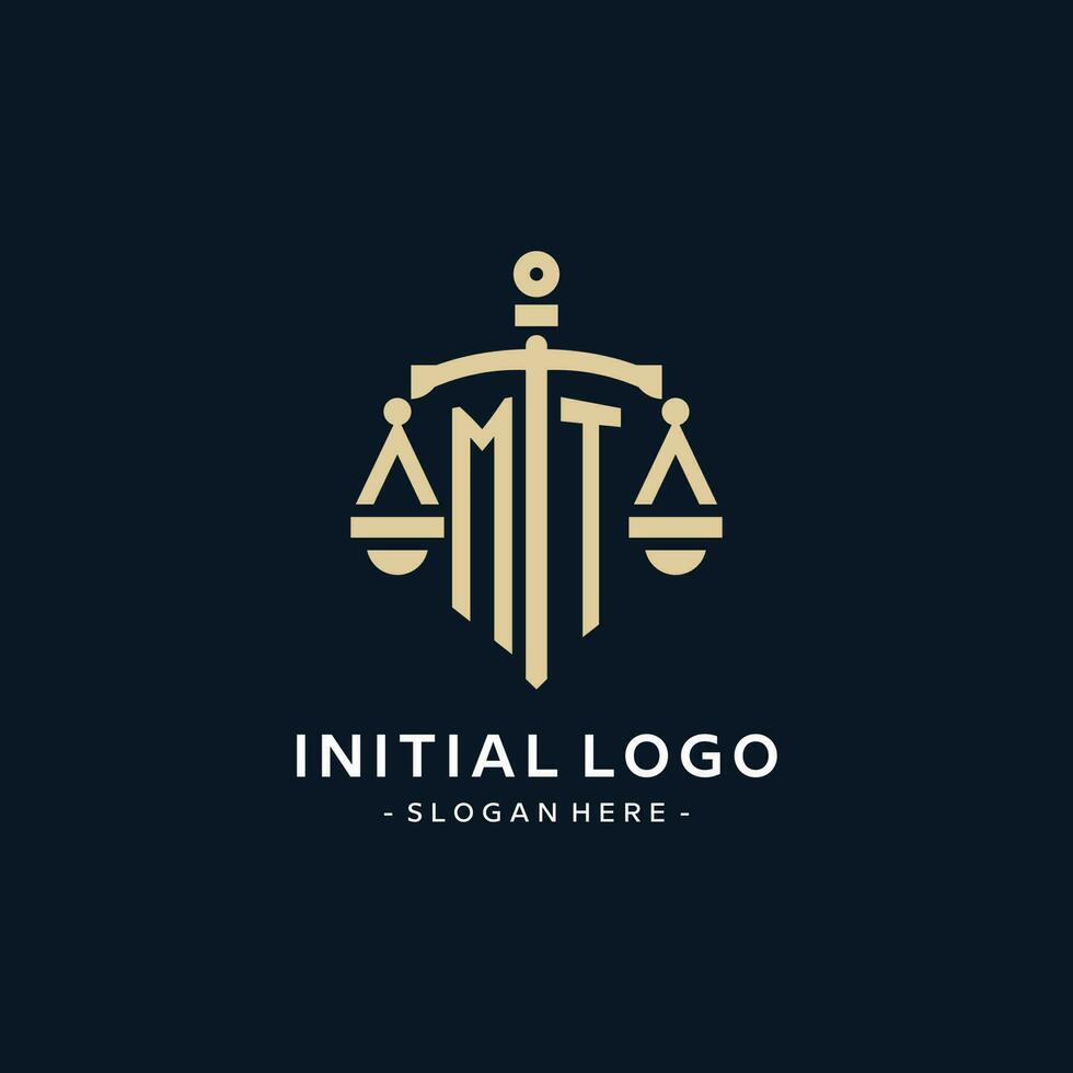 MT initial logo with scale of justice and shield icon vector