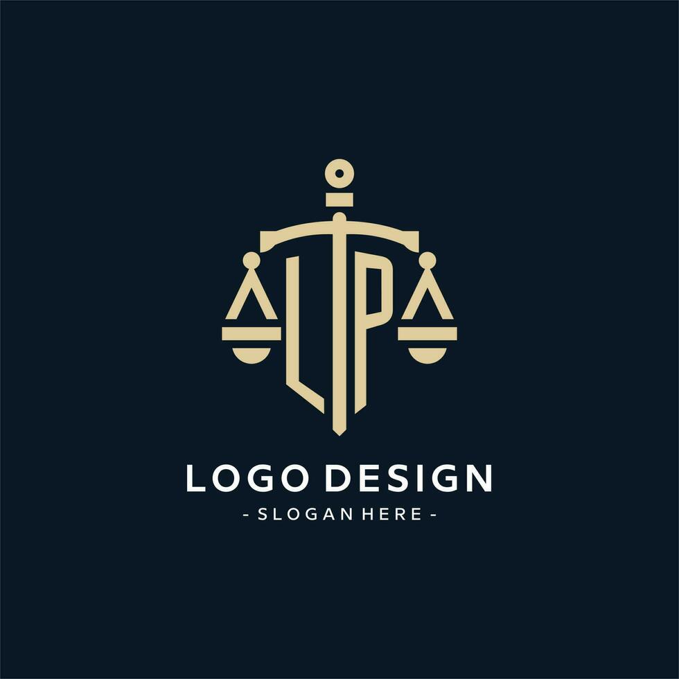 LP initial logo with scale of justice and shield icon vector