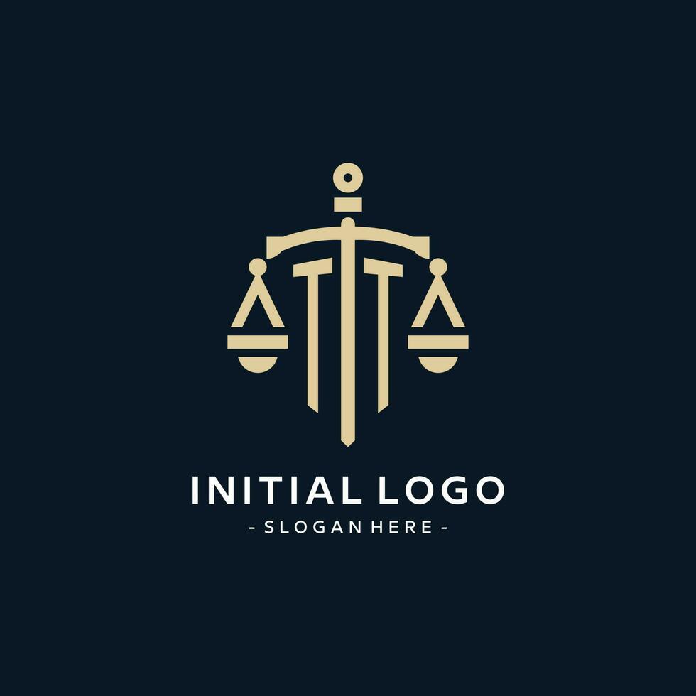 TT initial logo with scale of justice and shield icon vector