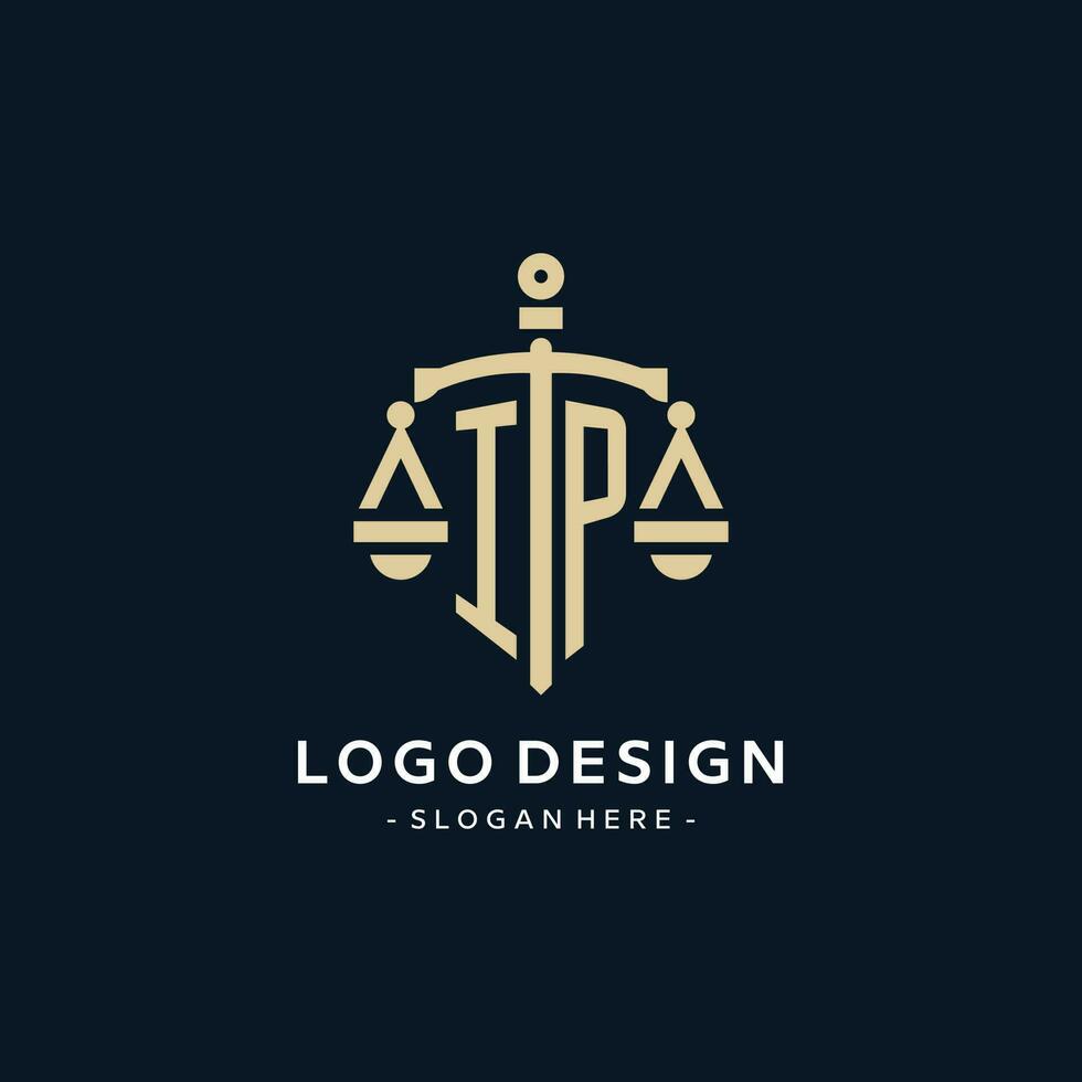 IP initial logo with scale of justice and shield icon vector