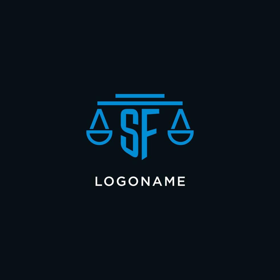 SF monogram initial logo with scales of justice icon design inspiration vector
