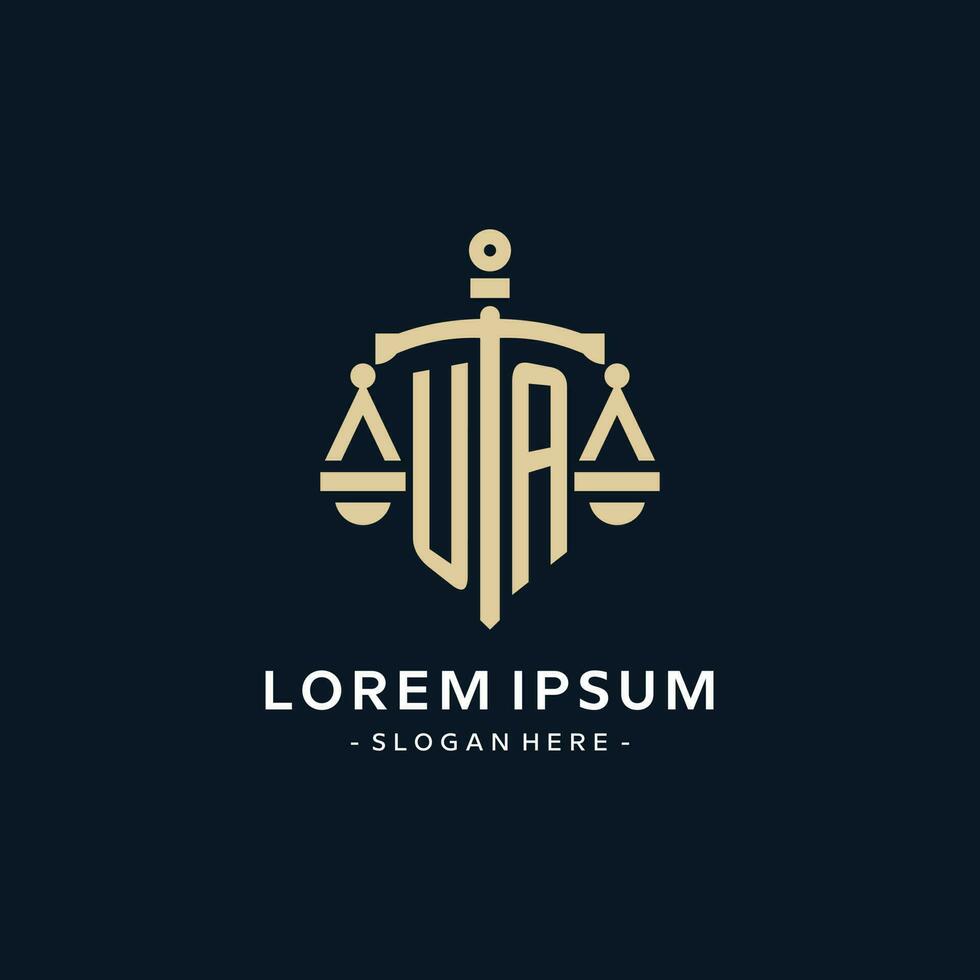 UA initial logo with scale of justice and shield icon vector