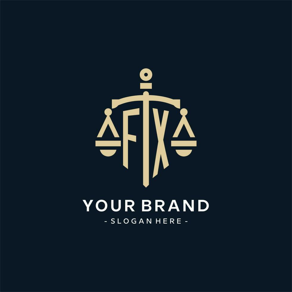 FX initial logo with scale of justice and shield icon vector