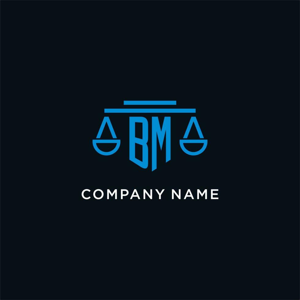 BM monogram initial logo with scales of justice icon design inspiration vector