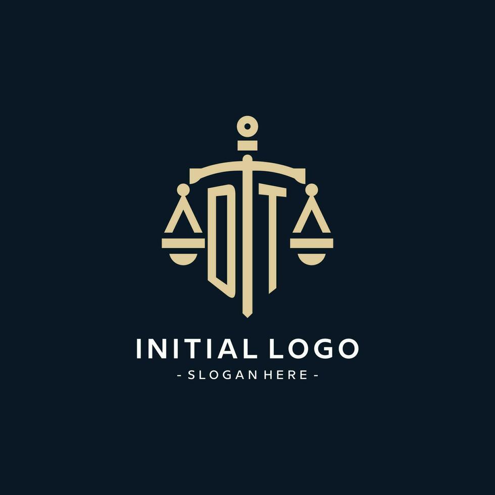 DT initial logo with scale of justice and shield icon vector