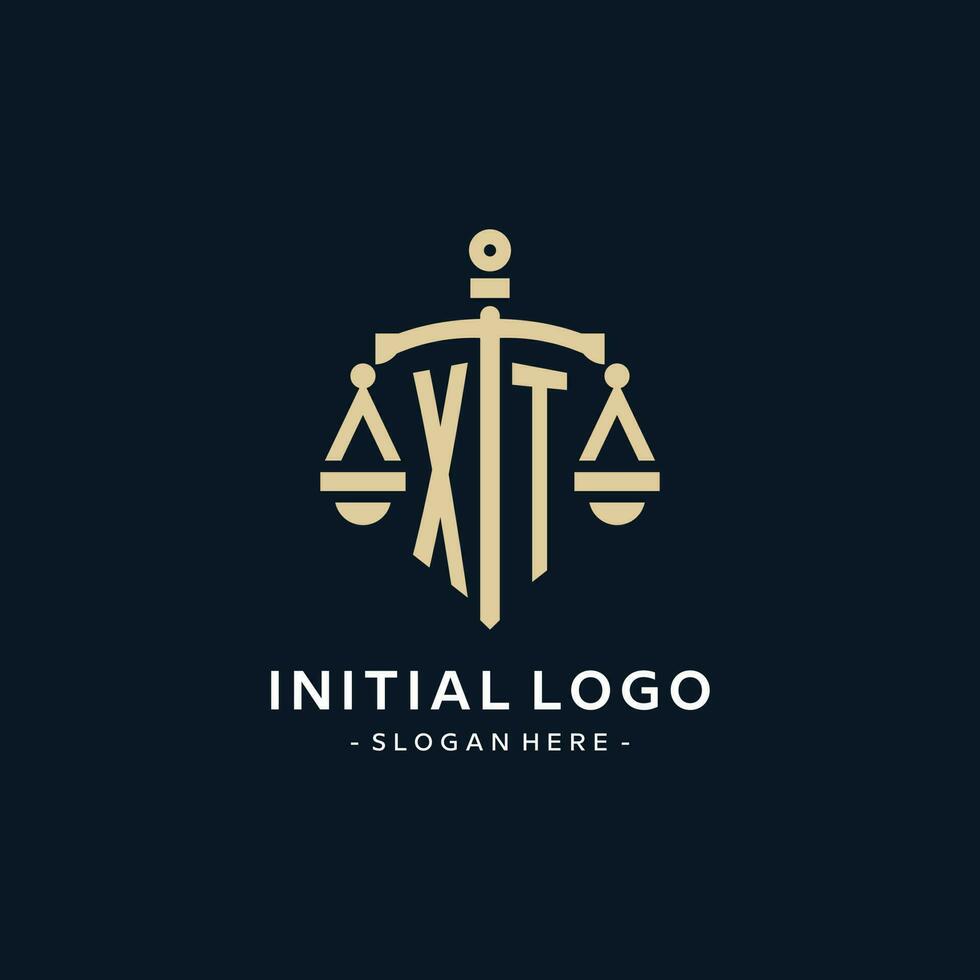 XT initial logo with scale of justice and shield icon vector