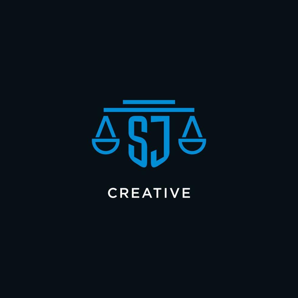 SJ monogram initial logo with scales of justice icon design inspiration vector
