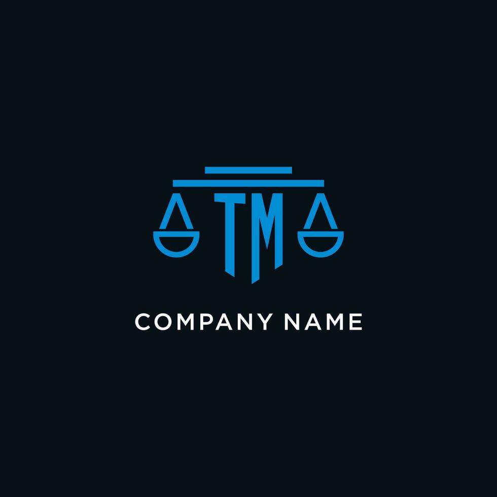 TM monogram initial logo with scales of justice icon design inspiration vector