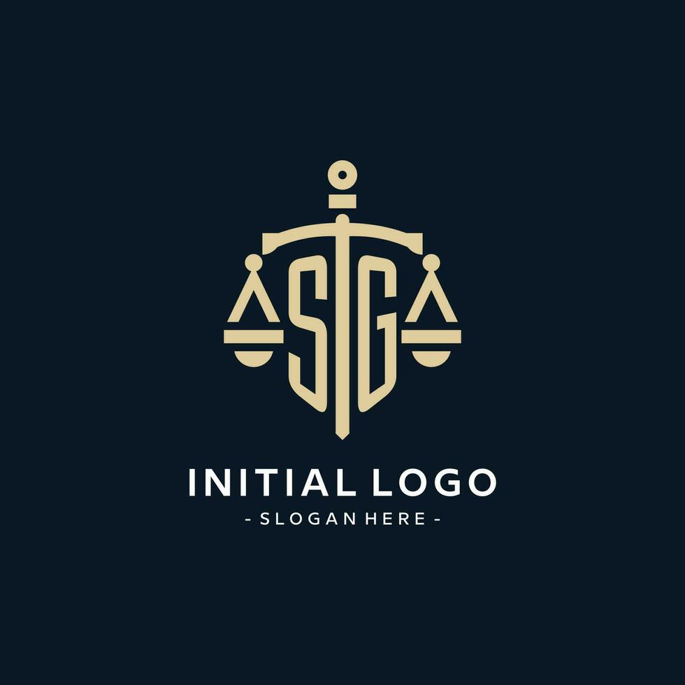SG initial logo with scale of justice and shield icon vector