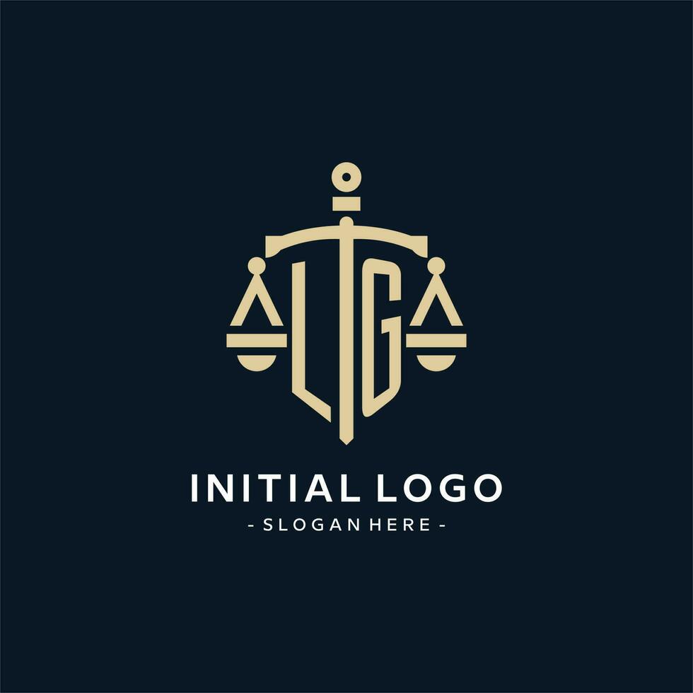 LG initial logo with scale of justice and shield icon vector