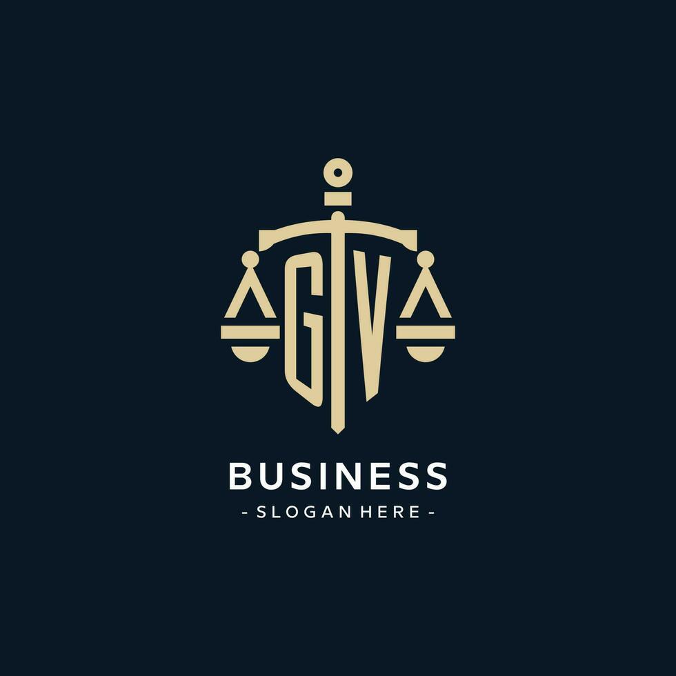 GV initial logo with scale of justice and shield icon vector